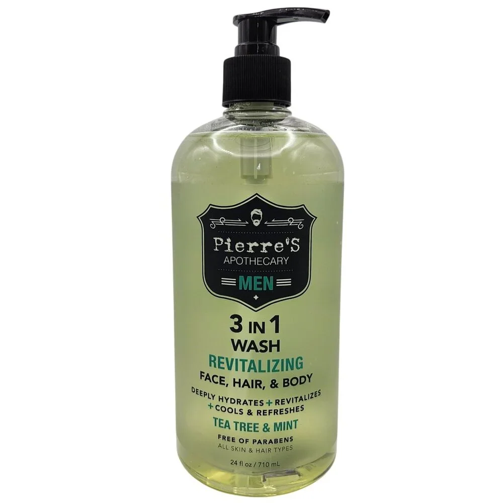 Pierres Apothecary Mens 3 in 1 Wash For Face Hair & Body Tea Tree And Mint 24oz